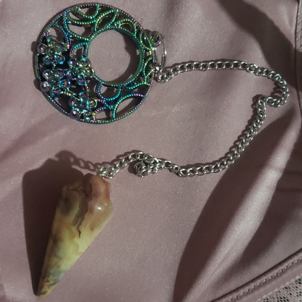 Crazy Lace Agate Pendulum with Rainbow Silver Bead VINTAGE